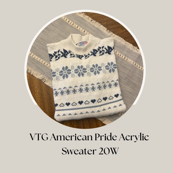 American Pride Sweaters - VTG Fair Isle Cream & Blue Knit Sweater 20W